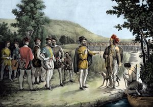 Jacques Cartier, sa première rencontre avec les Indiens à Hochelaga maintenant Montréal en 1535 (lithographie) - Anonymous Anonymous
