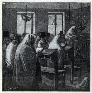 Fêtes juives : fidèles pendant la prière dans un oratoire pendant les fêtes. Gravure dans « Le monde illustré » de 1892. Collection privée. - Anonymous Anonymous