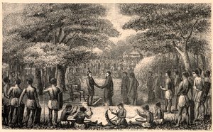 Le roi Lebuschi accueille Henri Depelchin (1822-1900), missionnaire jésuite et premier supérieur de la mission du Haut Zambèze en Afrique. Gravure dans « Les Missions Catholiques au XIXe Siècle » par Louis-Eugène Louvet. Collection privée. - Anonymous Anonymous