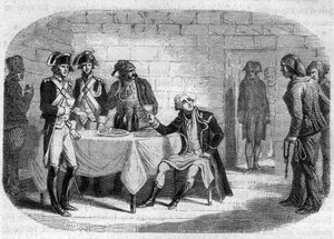 Dernier moment du duc Armand Louis de Gontaut de Biron, général en chef des armées du Rhin et du Var; mort en 1793 - Gravure dans « Histoire des Girondins » par Alphonse de Lamartine (1790-1869) 1865-1866. Collection privée