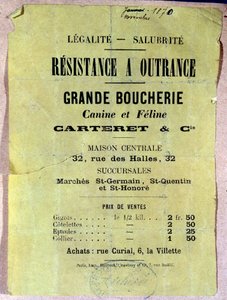 Légalité - Assainissement. Résistance à outrance. Grande boucherie canine et féline... Affiche montrant le prix de la viande de chien et de chat pour les habitants de Paris pendant le siège de la Commune de 1870. - Anonymous Anonymous