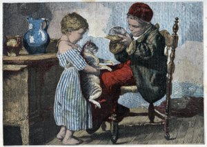 Les étrennes de Minou. Gravure de la fin du 19ème siècle. Collection privée.