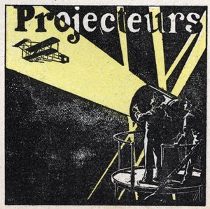 Réflexion de la lumière : projecteurs utilisés pour repérer un avion dans le ciel la nuit. Illustration anonyme de 1925. Collection privée.
