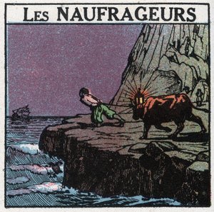 Signaux lumineux : les naufrages. Un homme accroche une lanterne entre les cornes d