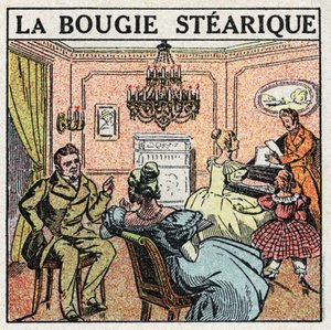 Sources de lumière : la bougie stéarique utilisée sur les chandeliers au XIXe siècle. Illustration anonyme de 1925. Collection privée.