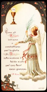 Comme les anges nous combattons et luttons pour la gloire de Dieu Image pieuse avec un calice et une hostie où l