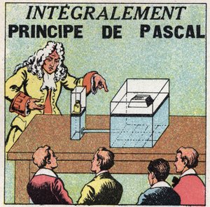 Balance liquide : principe de Blaise Pascal (1623-1662). Illustration anonyme de 1925. Collection privée.