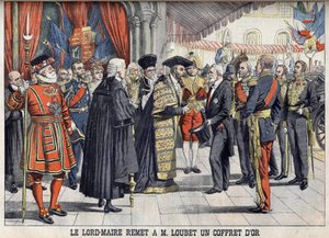 Londres, Grande-Bretagne. Sir Marcus Samuel présente une boîte en or au président Émile Loubet après la réception au Guildhall. Le Petit Journal, juillet 1903 - Anonymous Anonymous