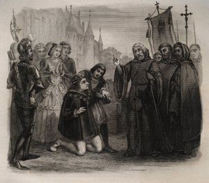 Louis XI (1423-1483) demandant sa guérison à François de Paule (1416-1507) Gravure de 1846 dans « Vies des saints ». Collection privée.
