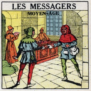 Courrier : Messagers au Moyen Âge. Illustration anonyme de 1925. Collection privée.
