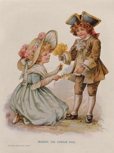Faire la boule de primevère, illustration de livre, début du 20ème siècle (lithographie en couleur)