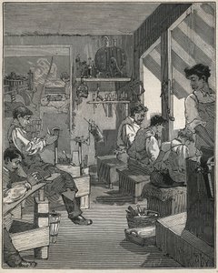 Fabrication de peignes dans un atelier en France au XIXe siècle. Gravure de 1885 dans « Les arts et métiers illustrés » par Adolphe Bitard. - Anonymous Anonymous