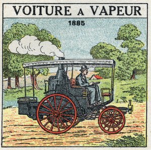 Traction mécanique : voiture à vapeur du Marquis Albert de Dion (1856-1946) en 1885. Illustration anonyme de 1925. Collection privée.