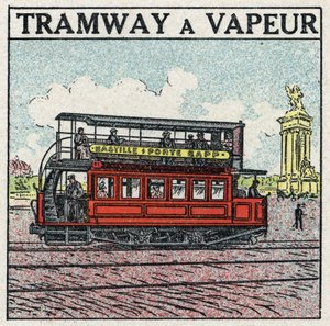Traction mécanique : tramway à vapeur apparu à Paris à la fin du 19ème siècle sur la ligne de la Bastille - porte Bapp. Illustration anonyme de 1925. Collection privée.
