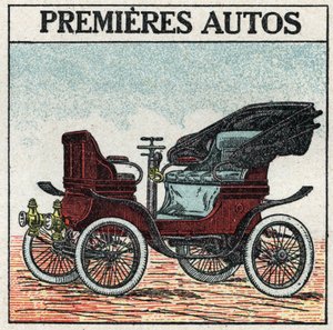 Traction mécanique : les premières voitures à essence inventées en 1895 par Panhard et Levassor. Illustration anonyme de 1925. Collection privée.