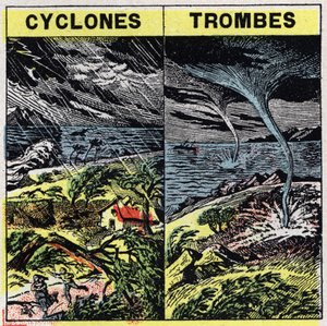 Météorologie : cyclones et trombes (tornades). Illustration anonyme de 1925. Collection privée.