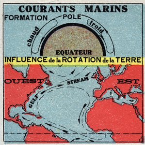 Météorologie : courants marins. Influence de la rotation de la Terre. Gulf Stream. Illustration anonyme de 1925. Collection privée.