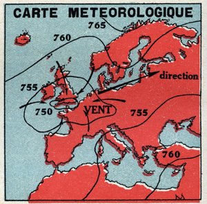 Météorologie : carte météorologique. Illustration anonyme de 1925. Collection privée.