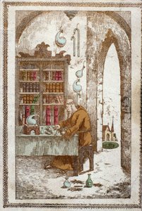 Moine préparant des plantes pour la distillation. Gravure du XIXe siècle