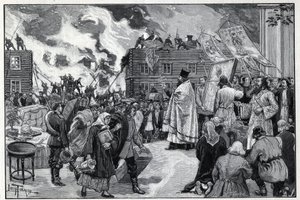 Moscou, incendie dans le faubourg de Kaluga : le clergé orthodoxe présentant les Saintes Images (Saintes Images) pour tenter de protéger la ville et les pompiers combattant le feu. Gravure dans "Le monde illustré" de 1892. Collection privée.