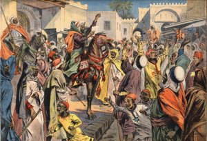 Mouley Hafid (Moulay-Hafid) proclamé Sultan à Fès : les crieurs publics annoncent la proclamation à la foule. Gravure du journal « Le Petit Parisien », 26/01/1908. Collection privée.