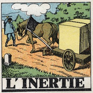 Mouvements : inertie. Un charretier fouettant son cheval pour le faire avancer. Illustration anonyme de 1925. Collection privée - Anonymous Anonymous