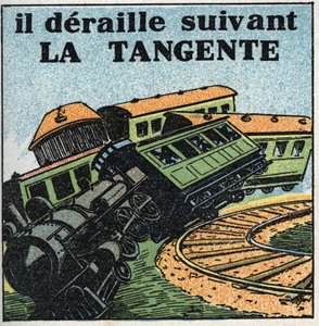 Mouvements : tangente. Déraillement de train. Illustration anonyme de 1925. Collection privée.