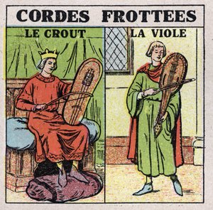 Instruments de musique : instruments à cordes frottées. Joueurs de crout et rapes au Moyen Âge. Illustration anonyme de 1925. Collection privée.