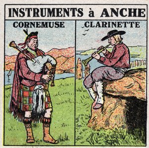 Instruments de musique : instruments à vent à la hanche. Joueurs de pipeau et de clarinette. Illustration anonyme de 1925. Collection privée