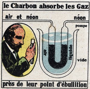 Nouvelles propriétés des gaz : méthode de James Dewar (1842-1923) pour isoler les gaz les uns des autres en 1904. Illustration anonyme de 1925. Collection privée.