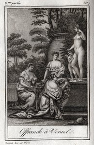 Offrande à Vénus. Petits amours (angelots) se rassemblent pour rendre hommage à la déesse Aphrodite. Gravure de 1819 dans "Lettres à Emilie sur la mythologie" par Charles Albert Demoustier (1760-1801). Collection privée.