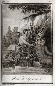 Pan et la nymphe Syrinx transformée en roseaux. Gravure de 1819 dans "Lettres à Émilie sur la mythologie" par Charles Albert Demoustier (1760-1801). Collection privée.