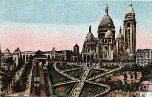 Paris : funiculaire et Basilique du Sacré-Cœur sur la Butte Montmartre. Photographie de 1920 dans "Album Artistique" de la ville de Paris. Collection privée. - Anonymous Anonymous