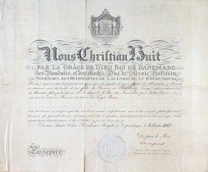 Passeport par le roi du Danemark Christian VIII datant de 1845. - Anonymous Anonymous