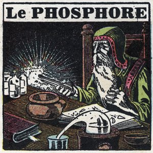 Phosphorescence : phosphore. Un alchimiste cherchant la pierre philosophale dans son laboratoire. Illustration anonyme de 1925. Collection privée.
