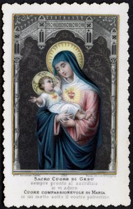 Image pieuse : Jésus enfant dans les bras de sa mère Marie, avec le Sacré-Cœur (gravure) - Anonymous Anonymous