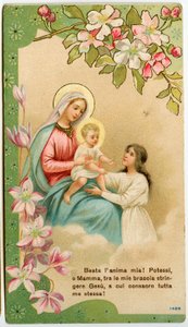 Image pieuse : Vierge avec enfant, une fille pieuse prend Jésus dans ses bras (chromolithographie)