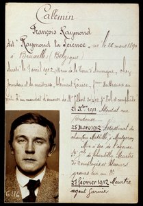 Fiche de police de Raymond Callemin dit Raymond la Science, complice de Jules Bonnot avec la liste de ses crimes