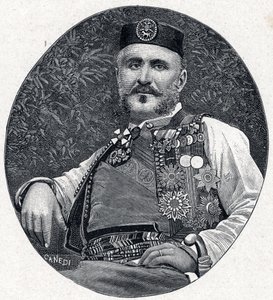 Portrait de Nicolas Ier du Monténégro (Nikola I Petrović-Njegoš) (1841-1921), prince du Monténégro et des Berdas. Gravure dans Les Missions Catholiques au XIXe siècle par Louis-Eugène Louvet. Collection privée.