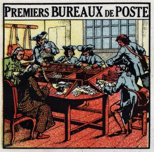 Poste: premiers bureaux de poste à Paris au XVIIIe siècle. Illustration anonyme de 1925. Collection privée.