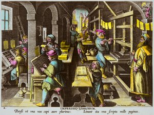Imprimeurs et typographie avec presse à bras vers 1600 par Jan Van Der Straet (Giovanni Stradano ou Johannes Stradanus)