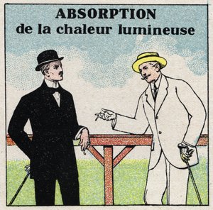 Rayonnement et conductibilité : absorption de la chaleur lumineuse différente selon la couleur des vêtements. Illustration anonyme de 1925. Collection privée. - Anonymous Anonymous