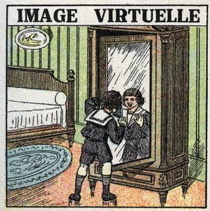 Réflexion de la lumière : image virtuelle. Un enfant contemplant son reflet dans un miroir. Illustration anonyme de 1925. Collection privée. - Anonymous Anonymous