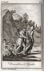 Représentation de Deucalion et Pyrrha, les seuls survivants après le déluge causé par Zeus pour détruire la race humaine. Thémis après le déluge leur demande de marcher la tête couverte en jetant derrière eux les os de leur mère (les pierres de la Terre).