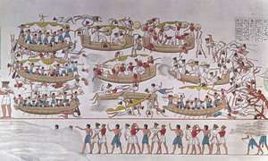 Représentation de la bataille du delta du Nil entre les armées de Ramsès III et les peuples de la mer (d