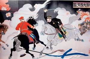 Guerre russo-japonaise (1904-1905) : bataille de deux cavaliers. Début du 20e siècle. Collection privée