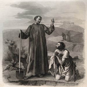 Saint Benoît de Nursie accueillant Totila (6ème siècle) roi des Ostrogoths. Gravure de 1846 dans "Vies des saints". Collection privée. - Anonymous Anonymous