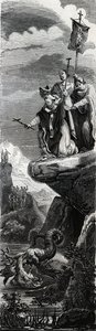 Saint Front (premier évangélisateur du Périgord) (IIIe siècle) précipitant le dragon dans la Dordogne - Gravure de 1846 dans « Vies des saints ». Collection privée - Anonymous Anonymous