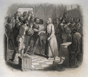 Saint Nicolas de Flue ou Frère Klaus (1417-1487), ermite suisse réconciliant les confédérés suisses sur le point de déclencher la guerre civile. Gravure de 1846 dans « Vies des saints ». Collection privée.