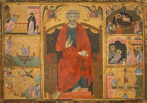 Saint Pierre sur un trône entouré de scènes bibliques